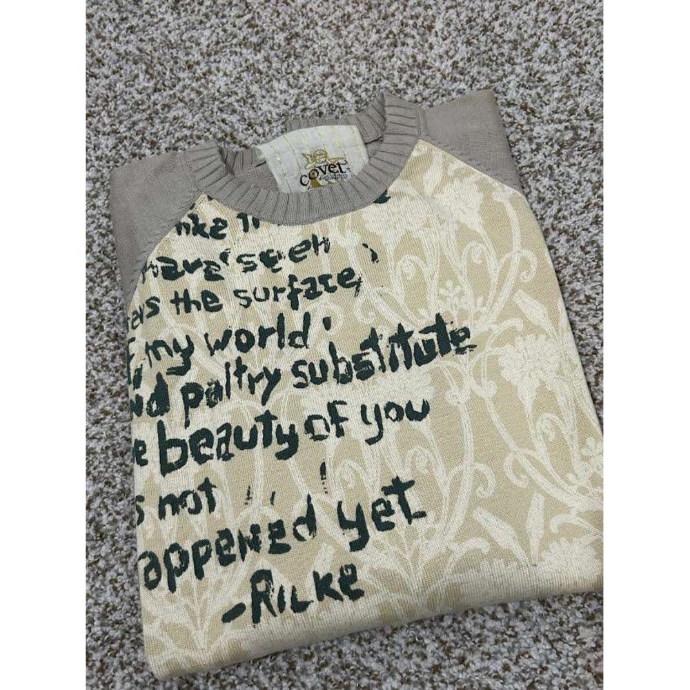 Covet Hand Crafted Redemption Rilke Quote Damask Knit Sweater Taupe Tan Womens